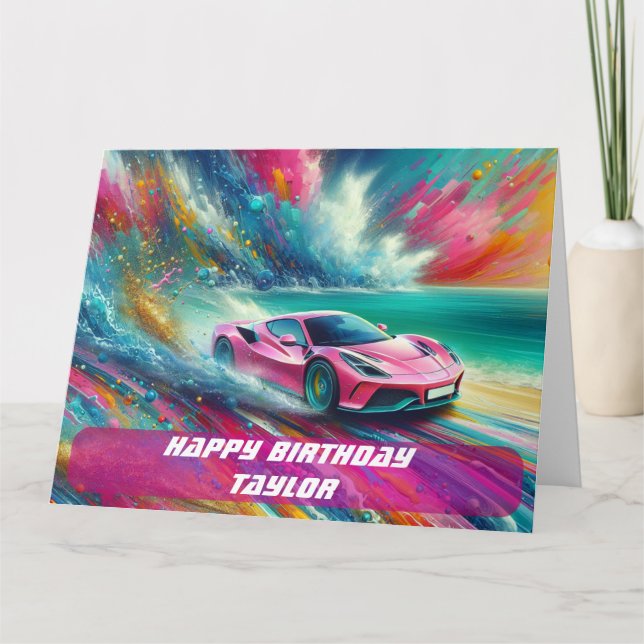 Vibrant Pink Sportscar on a Tropical Beach  Card (Front)