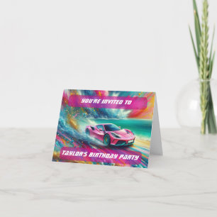 Vibrant Pink Sportscar on a Tropical Beach  Invitation