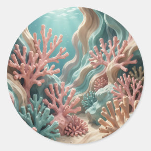 Vibrant Pink Teal Coral Reef Underwater Ocean Classic Round Sticker