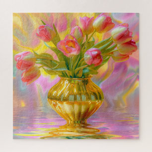 Vibrant Pink Tulips in Golden Vase Jigsaw Puzzle