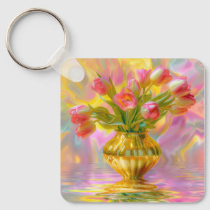 Vibrant Pink Tulips in Golden Vase Keychain
