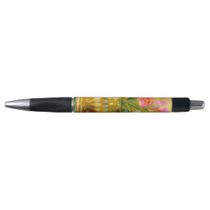Vibrant Pink Tulips in Golden Vase Pen