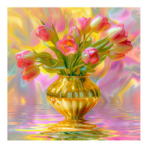 Vibrant Pink Tulips in Golden Vase