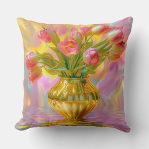 Vibrant Pink Tulips in Golden Vase Throw Pillow