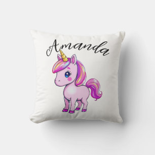 Vibrant Pink Unicorn Girl Name Throw Pillow