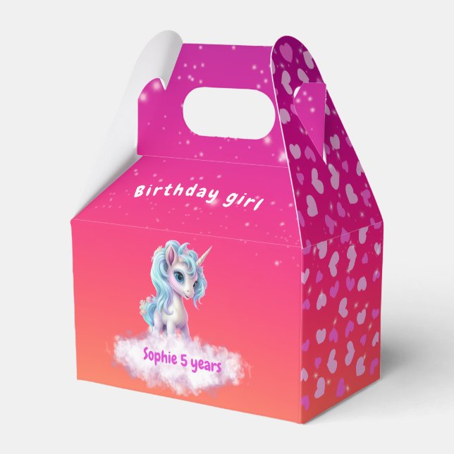 Vibrant pink Unicorn, hearts and stars Favor Box (Front Side)