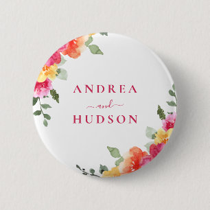 Vibrant Pink Watercolor Floral Wedding 2 Inch Round Button