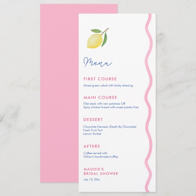 Vibrant Pink Wavy Line Lemon Baby Shower Party  Menu (Front/Back)