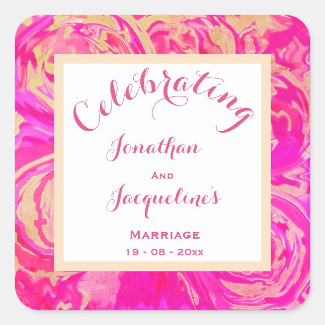 Vibrant Pink Wedding Elegant Script Names Chic Square Sticker (Front)