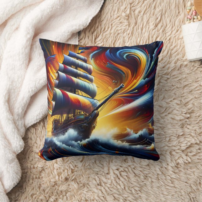 Vibrant Pirate Ship Sailing Through Turbulent Seas Throw Pillow (Blanket)