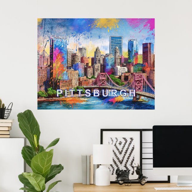 Vibrant Pittsburgh Skyline, Colourful Urban Art Poster (Home Office)