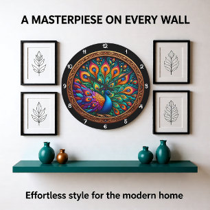 Vibrant Plumage Peacock Mosaic Large Clock