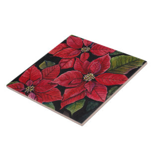 Vibrant Poinsettia In Watercolor Tile