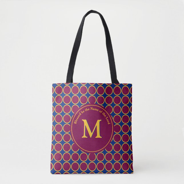 Vibrant POLKA DOT Maroon Blue Customized Monogram Tote Bag (Front)