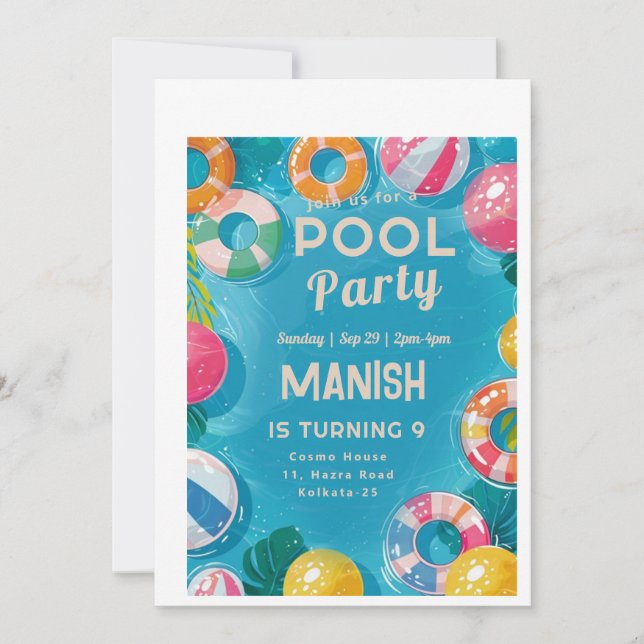 Vibrant Pool Party Birthday Invitation Card (Front)