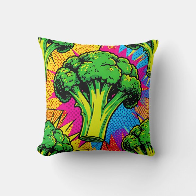 Vibrant Pop Art Broccoli Pattern Throw Pillow (Front)