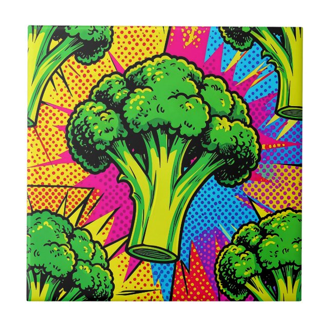 Vibrant Pop Art Broccoli Pattern Tile (Front)