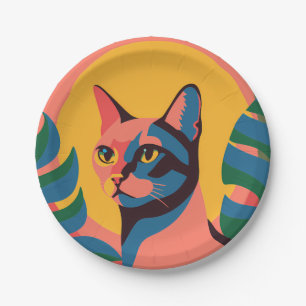Vibrant Pop Art Cat Portrait Paper Plate