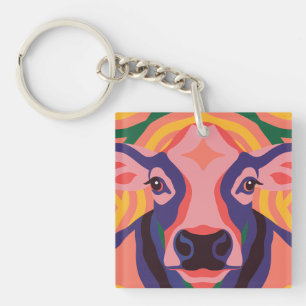 Vibrant Pop Art Cow Face Portrait Keychain