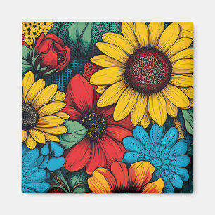 Vibrant Pop Art Floral Design wuth Sunflowers Magnet