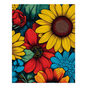 Vibrant Pop Art Floral Design wuth Sunflowers Poster