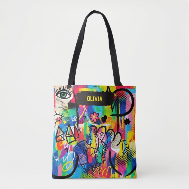 Vibrant Pop Art Graffiti Abstract Personalized Tote Bag (Front)
