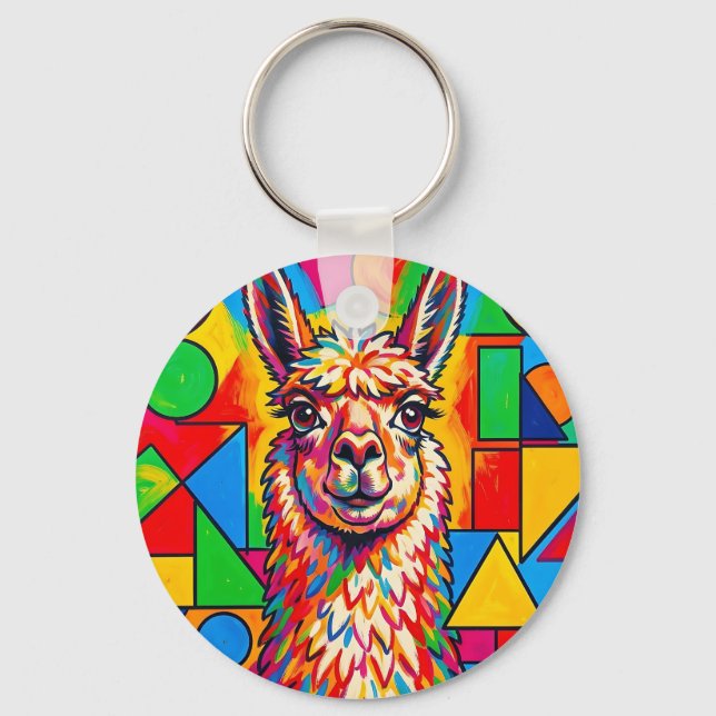 Vibrant Pop Art Llama Portrait Keychain (Front)