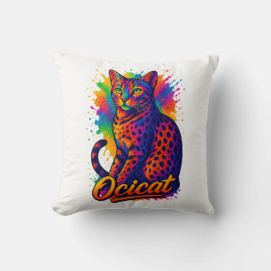 Vibrant Pop Art Ocicat – Colourful Spotted Cat Throw Pillow