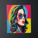 Vibrant Pop Art Woman Retro Chic Wall Decor Tapestry<br><div class="desc">Brighten your space with this bold and colourful AI-generated pop art wall tapestry art print, featuring a stylish woman in vibrant hues reminiscent of the iconic 1960s pop art movement. The artwork radiates with electric colours—pinks, yellows, blues, and greens—capturing the essence of retro chic with a modern twist. Her oversized...</div>