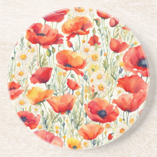 Vibrant Poppies and Daisies Watercolor Pattern  Coaster