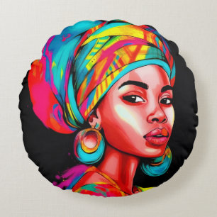 Vibrant Portrait with Colourful Headwrap Round Pillow