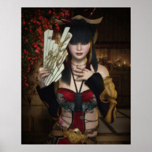Vibrant Poster of Lady Under Blossoms with Fan