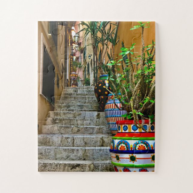 Vibrant Pottery on Rustic Taormina Staircase Jigsaw Puzzle (Vertical)