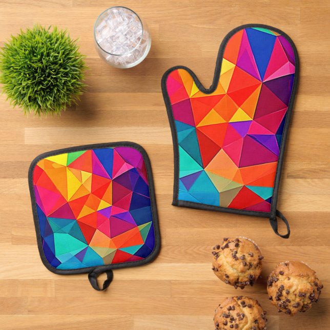 Vibrant Prismatic Chaos Energy Art Oven Mitt & Pot Holder Set (Top Down)