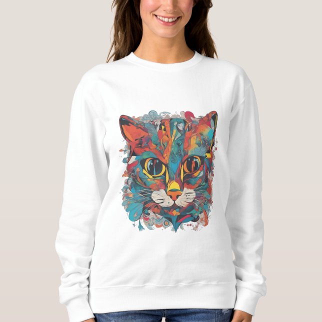 Vibrant Psychedelic Abstract Cat Art Sweatshirt (Front)