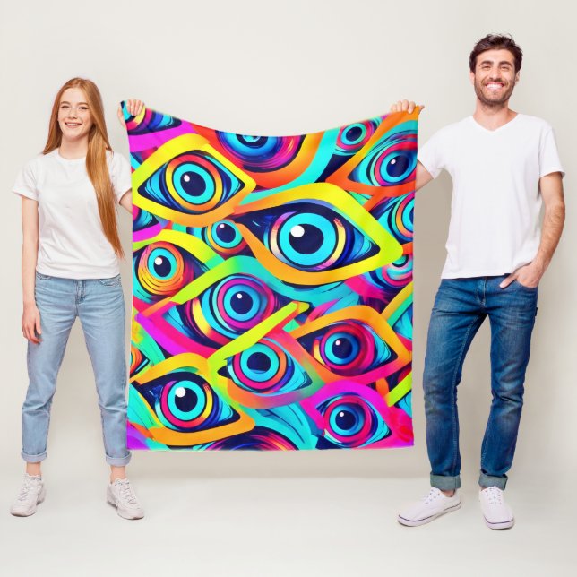 Vibrant Psychedelic Eye Pattern Fleece Blanket (In Situ)