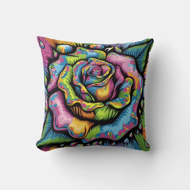 Vibrant Psychedelic Rose - Burst of Colour Throw Pillow (Front)