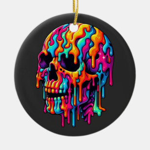 Vibrant Psychedelic Skull Ceramic Ornament