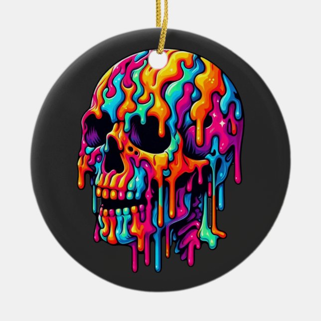 Vibrant Psychedelic Skull Ceramic Ornament (Front)