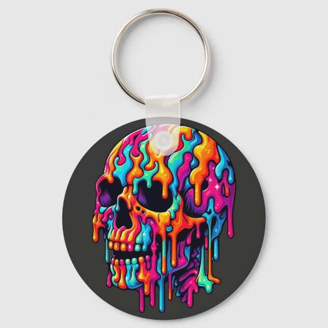 Vibrant Psychedelic Skull Keychain (Front)