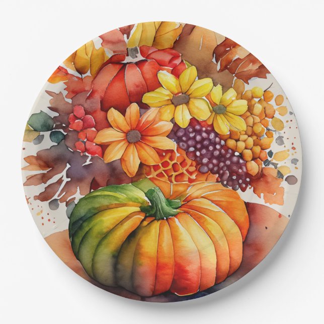 Vibrant Pumpkin Bouquet Gold Autumn Harvest Paper Plate (Front)