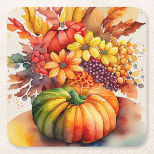 Vibrant Pumpkin Bouquet Gold Autumn Harvest Square Paper Coaster