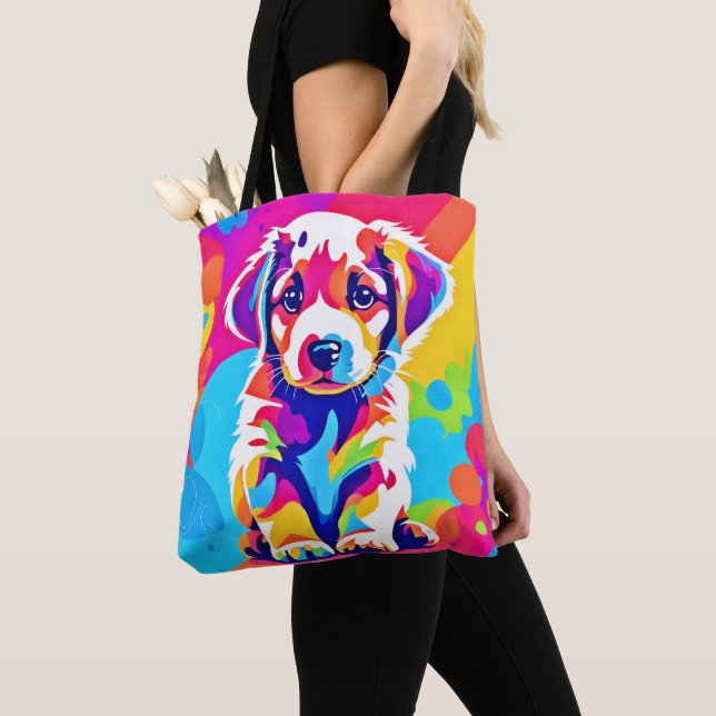 Vibrant Puppy Art Tote Bag (Close Up)