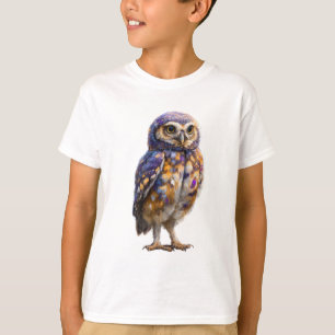 Vibrant Purple and Gold Whimsical Spotted Owl Kids T-Shirt