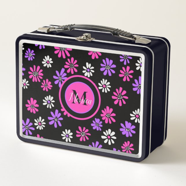 Vibrant Purple and Pink Flowers Monogram  Metal Lunch Box (Front)