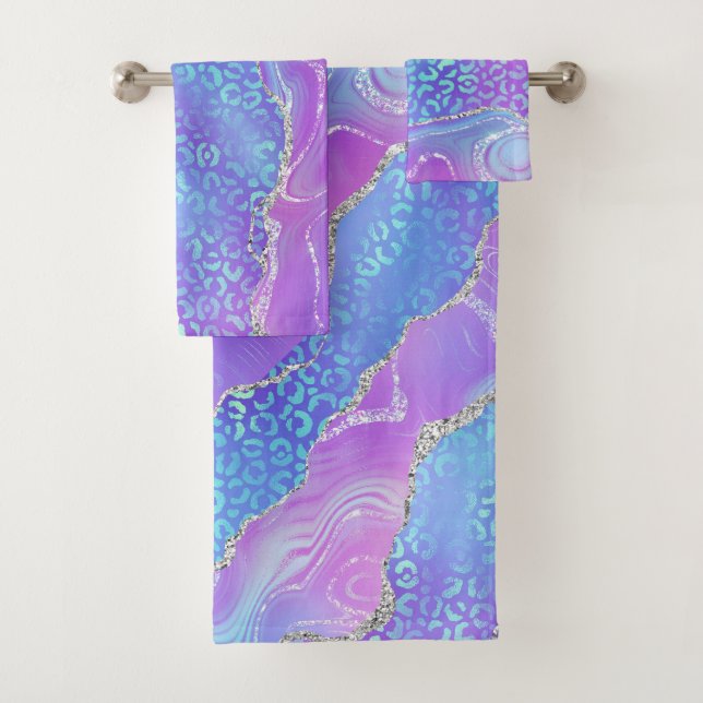 Vibrant Purple Blue Geode & Silver Leopard Print Bath Towel Set (Insitu)