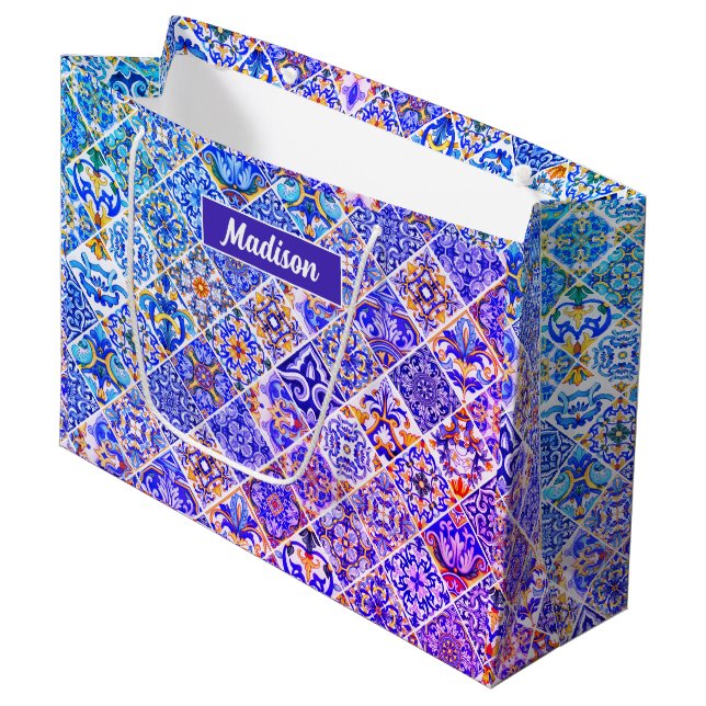 Vibrant Purple Blue Mediterranean Tile Pattern Large Gift Bag (Front Angled)