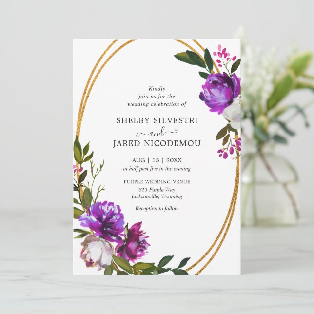 Vibrant Purple Floral Elegant Wedding Invitation (Standing Front)