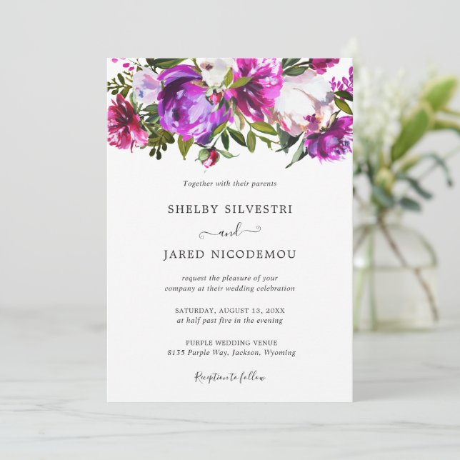 Vibrant Purple Floral Elegant Wedding Invitation (Standing Front)