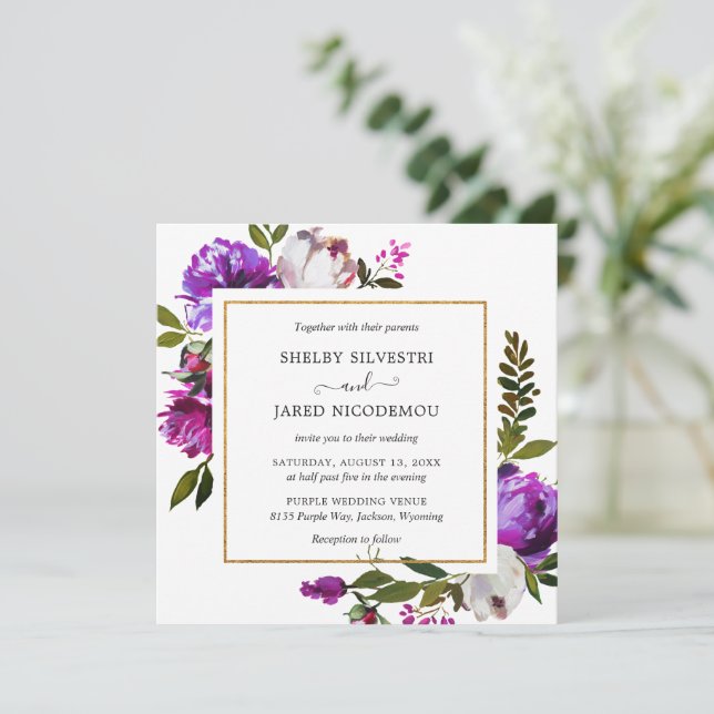 Vibrant Purple Floral Elegant Wedding Invitation (Standing Front)